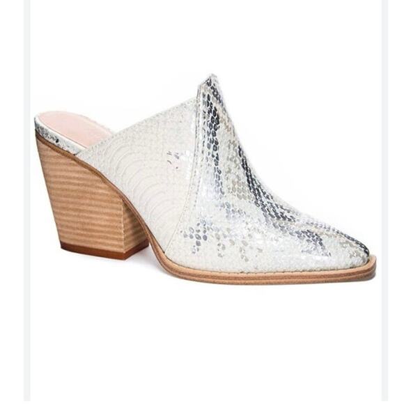 Chinese Laundry Beaute Silver Cream Womans Sz 8.5 Pointed Toe Mule Block Heel - Picture 2 of 11